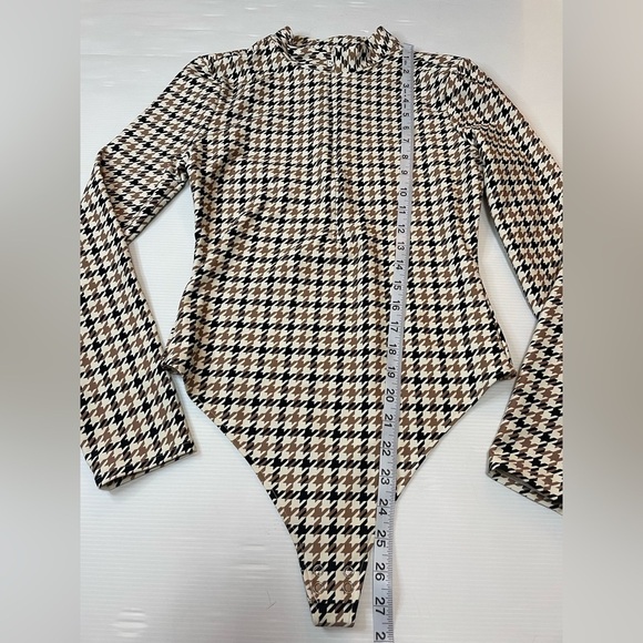 All Access Quarter-Zip Bodysuit Houndstooth Print Black Tan Cream Size M - Picture 3 of 9